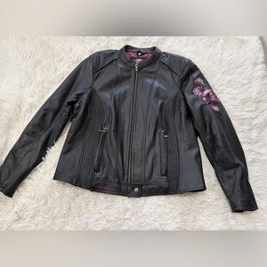 Harley-Davidson Black Leather Jacket with Purple Floral Accent